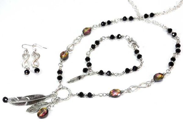 celestial serenity feather necklace bracelet and earrings