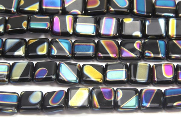 Black Square with Rainbow AB Striped Peacock Beads